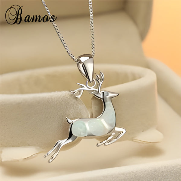 Silver-Tone White Simulated Opal Leaping Deer Pendant Necklace