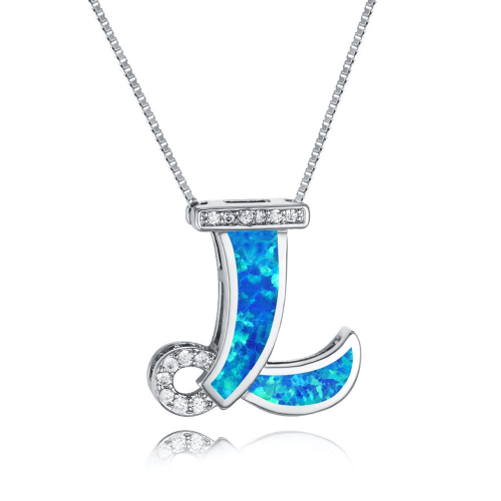Silver-Tone Blue Simulated Opal Initial Necklace
