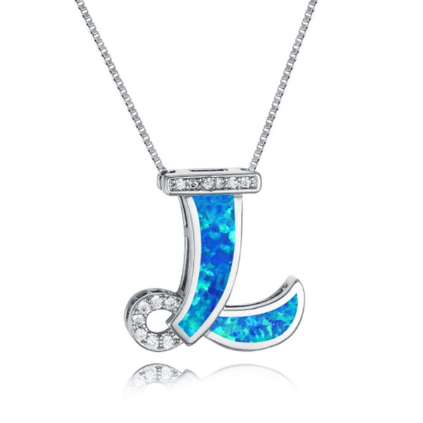 Silver-Tone Blue Simulated Opal Initial Necklace