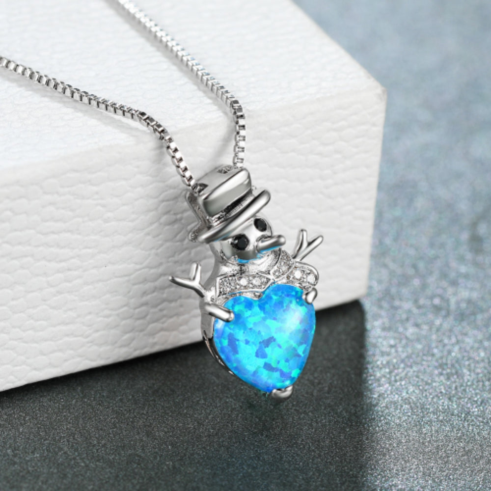 Silver-Tone Blue Simulated Opal Heart Snowman Pendant Necklace