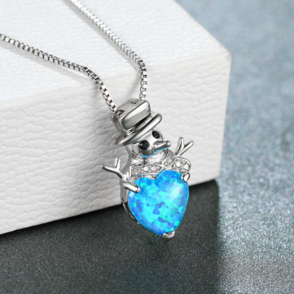 Silver-Tone Blue Simulated Opal Heart Snowman Pendant Necklace