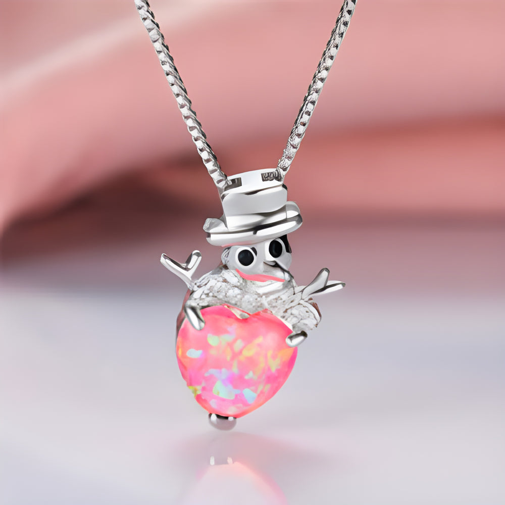 Silver-Tone Pink Simulated Opal Heart Snowman Pendant Necklace