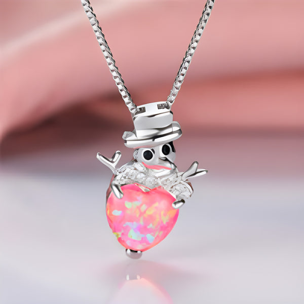 Silver-Tone Pink Simulated Opal Heart Snowman Pendant Necklace
