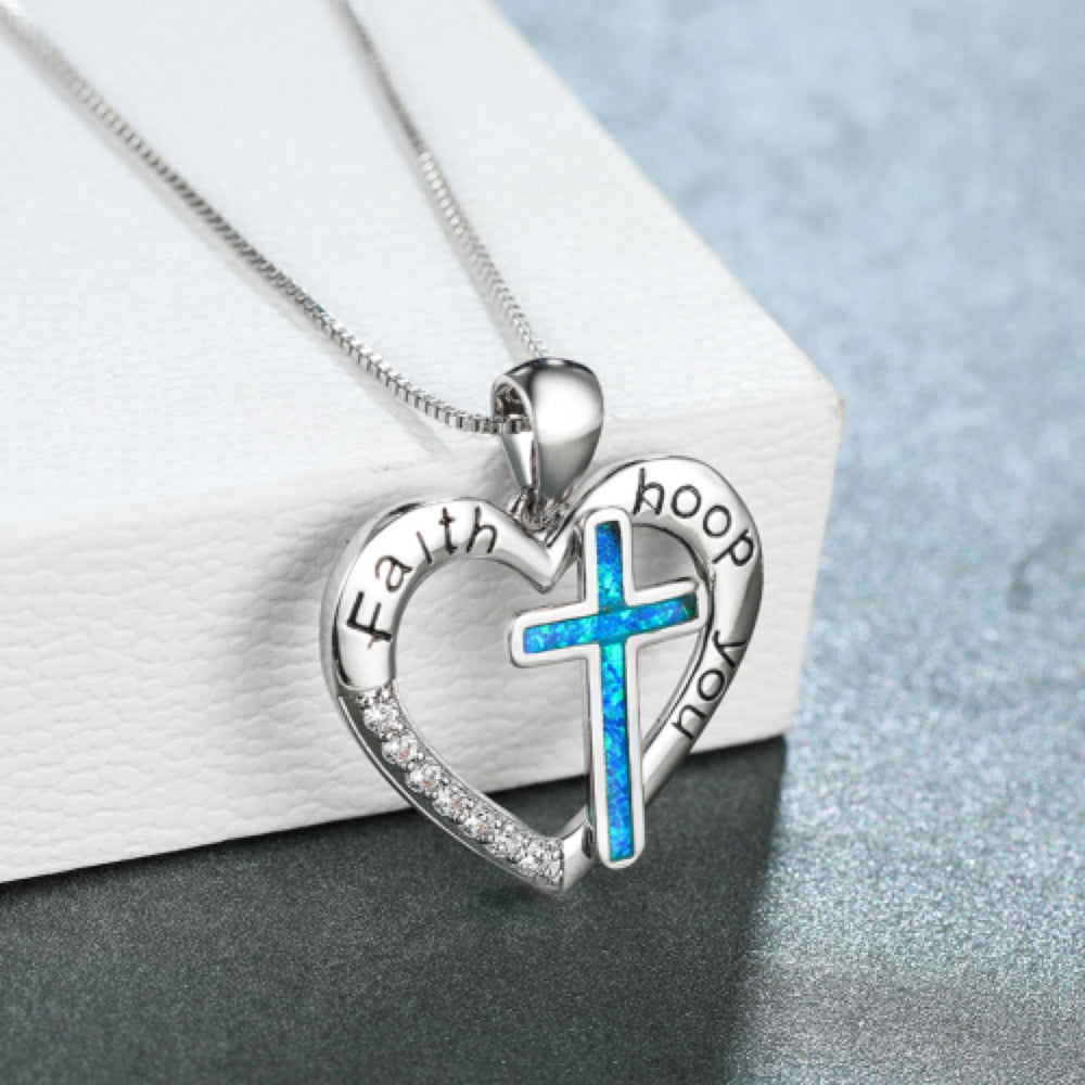 Silver-Tone Blue Simulated Opal Cross Heart Pendant Necklace