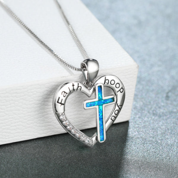 Silver-Tone Blue Simulated Opal Cross Heart Pendant Necklace
