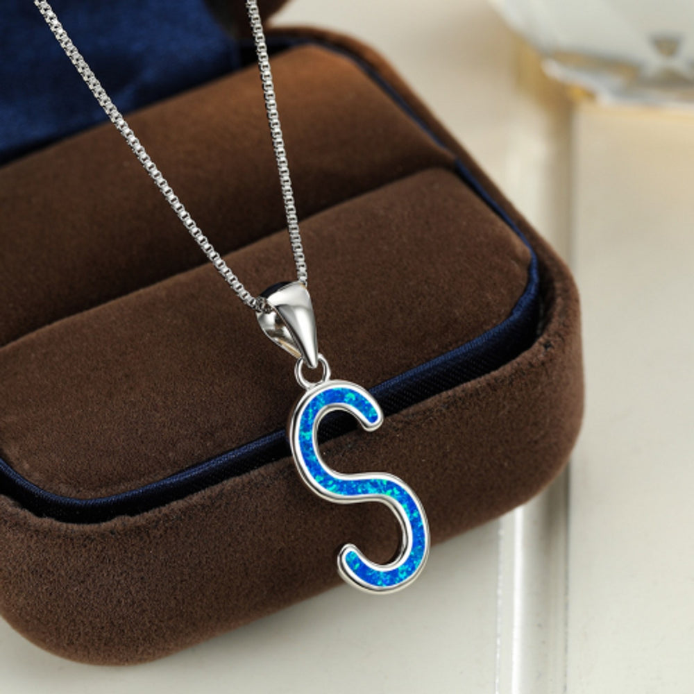 Silver-Tone Blue Simulated Opal Initial Necklace