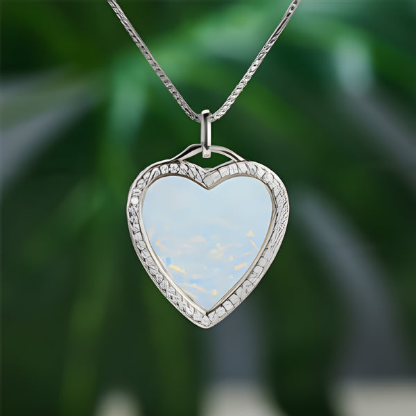 Silver-Tone White Simulated Opal Heart Crystal Halo Pendant Necklace
