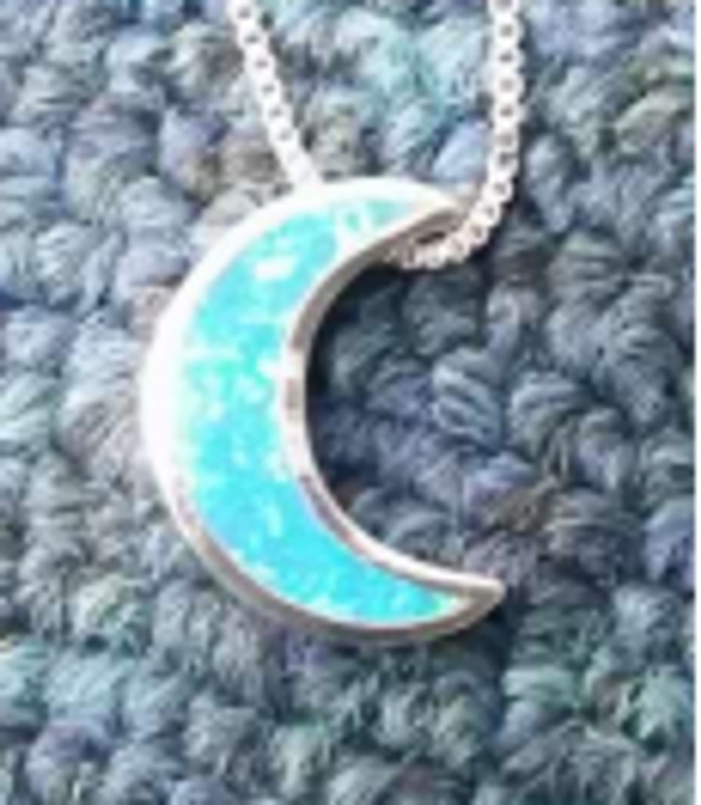 Silver-Tone Blue Simulated Opal Moon Necklace