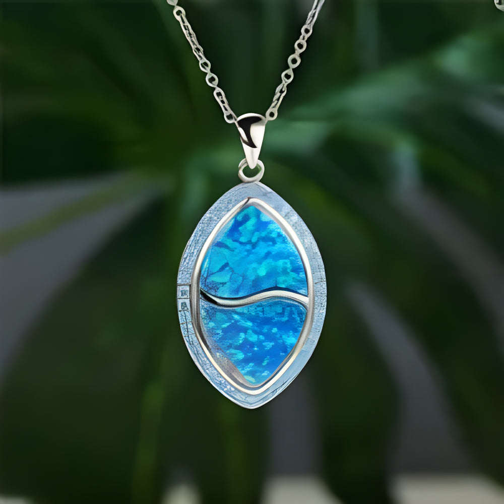 Silver-Tone Blue Simulated Opal Marquise Wave Halo Pendant Necklace