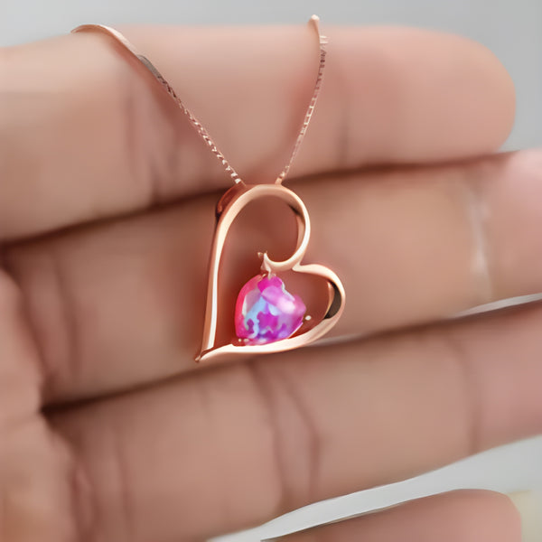 Rose Gold-Tone Purple-Pink Simulated Opal Open Heart Pendant Necklace