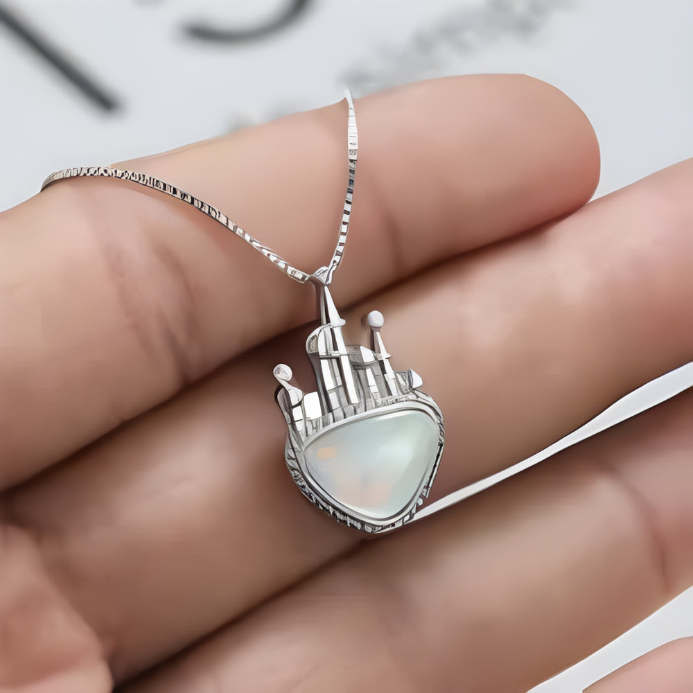 Silver-Tone White Simulated Opal Fairytale Castle Pendant Necklace