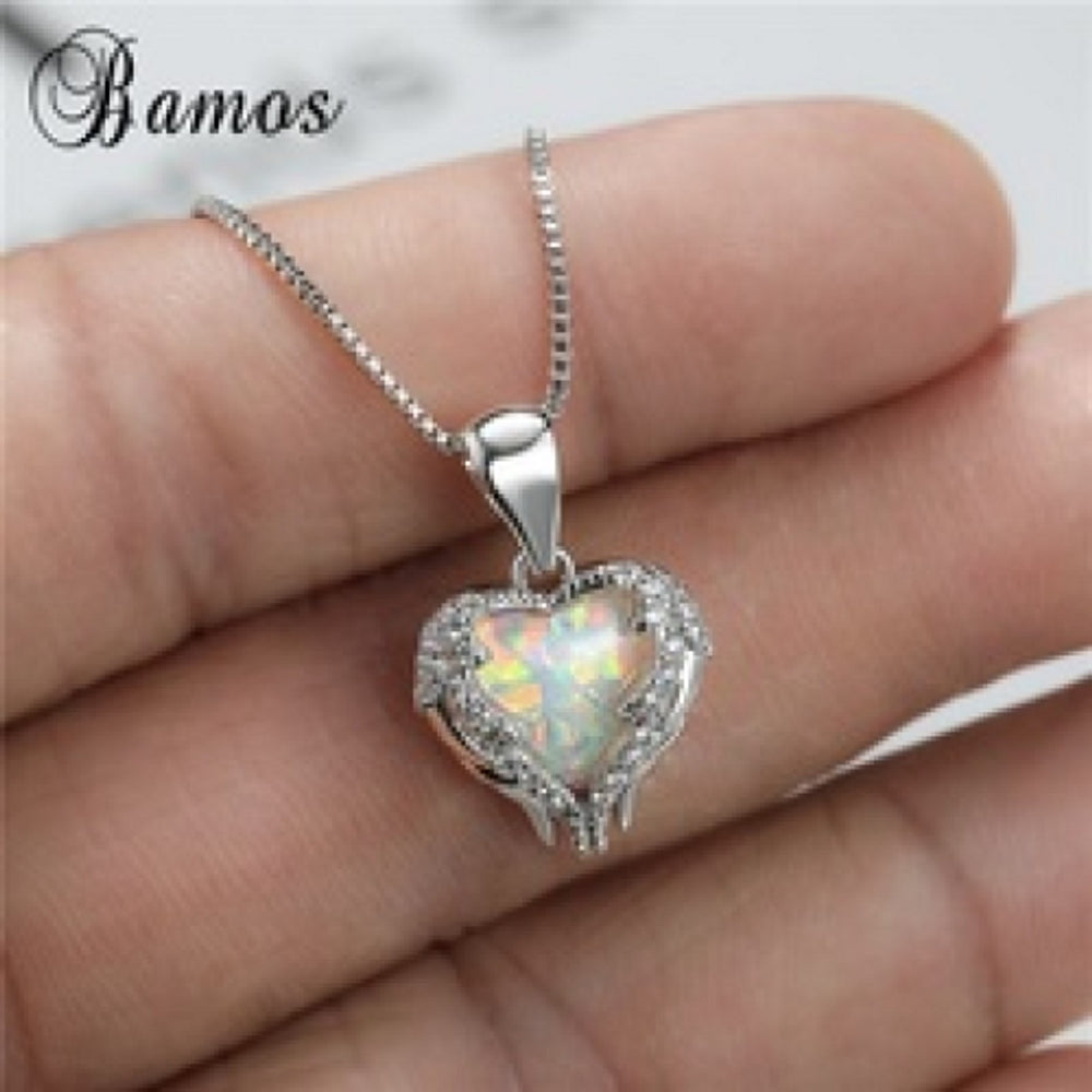 Silver-Tone White Simulated Opal Heart Necklace