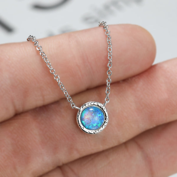Silver-Tone Round Blue Simulated Opal Hammered Circle Necklace