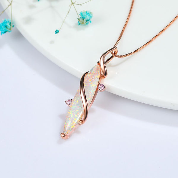 Rose Gold-Tone White Simulated Opal Marquise Ribbon Wrap Pendant Necklace