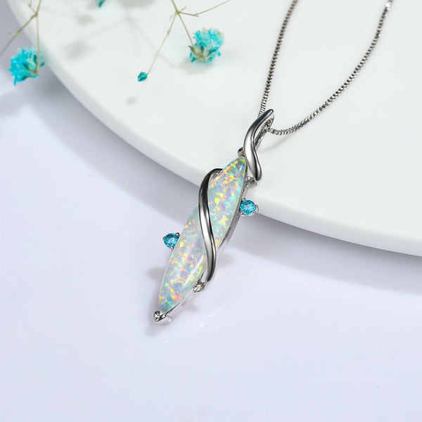 Silver-Tone White Simulated Opal Marquise Ribbon Wrap Pendant Necklace