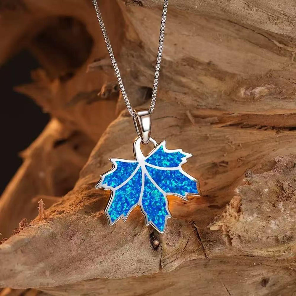 Silver-Tone Blue Simulated Opal Maple Leaf Necklace