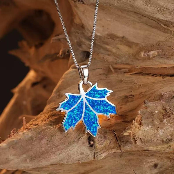 Silver-Tone Blue Simulated Opal Maple Leaf Necklace