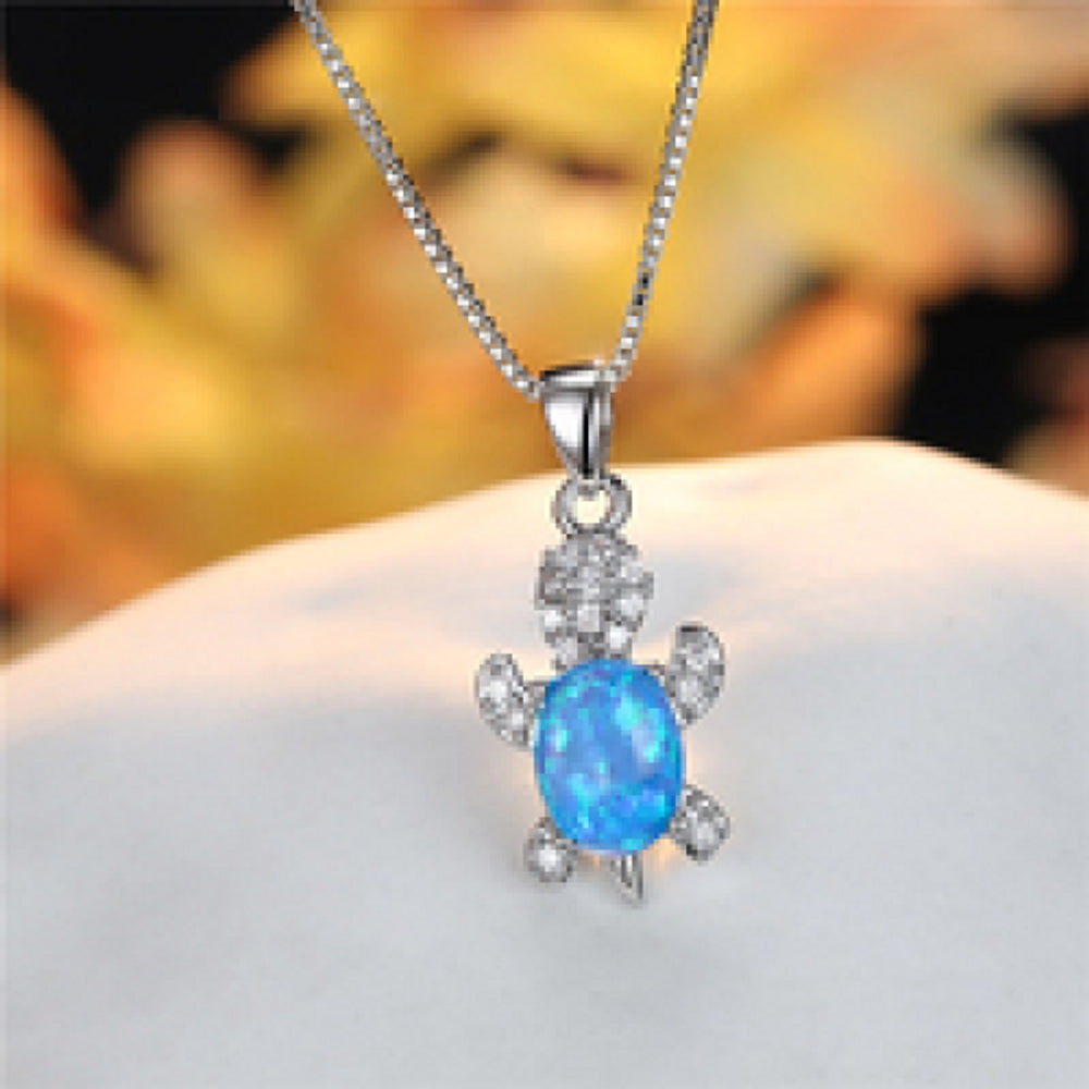Silver-Tone Blue Simulated Opal Turtle Necklace