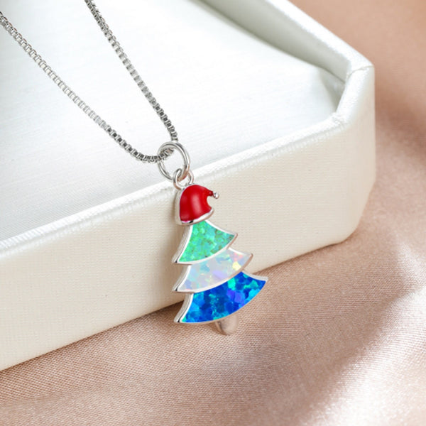 Silver-Tone Blue Simulated Opal Christmas Necklace