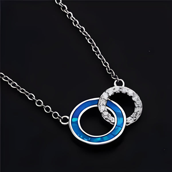 Silver-Tone Blue Simulated Opal & White Crystal Interlocking Rings Necklace