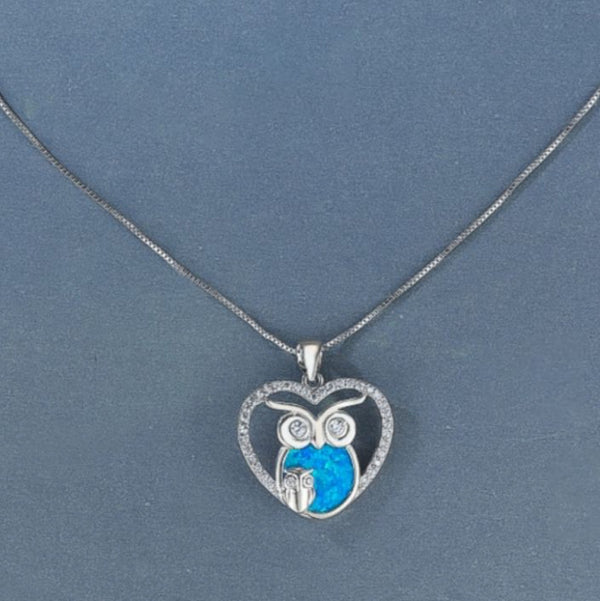 Silver-Tone Crystal Heart Blue Simulated Opal Owl Pendant Necklace