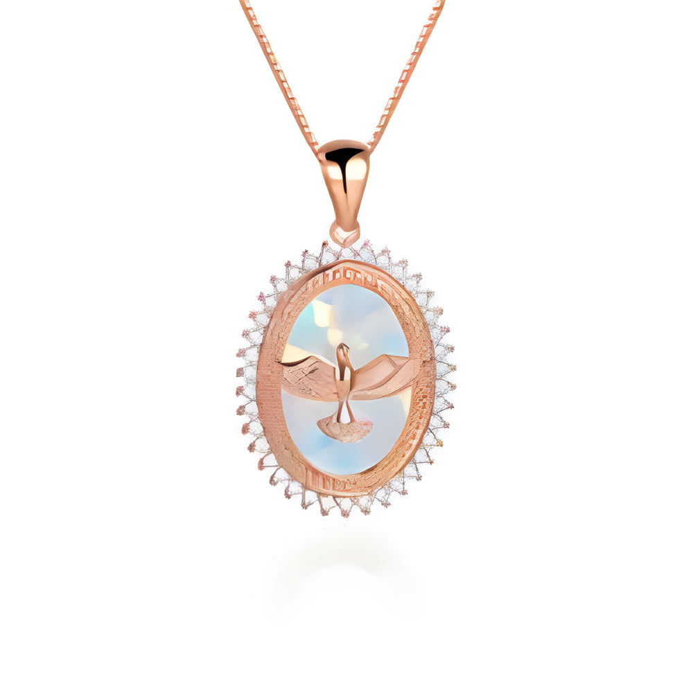 Rose Gold-Tone White Simulated Opal Dove of Peace Halo Medallion Necklace