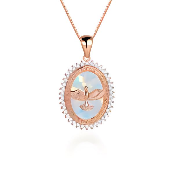 Rose Gold-Tone White Simulated Opal Dove of Peace Halo Medallion Necklace