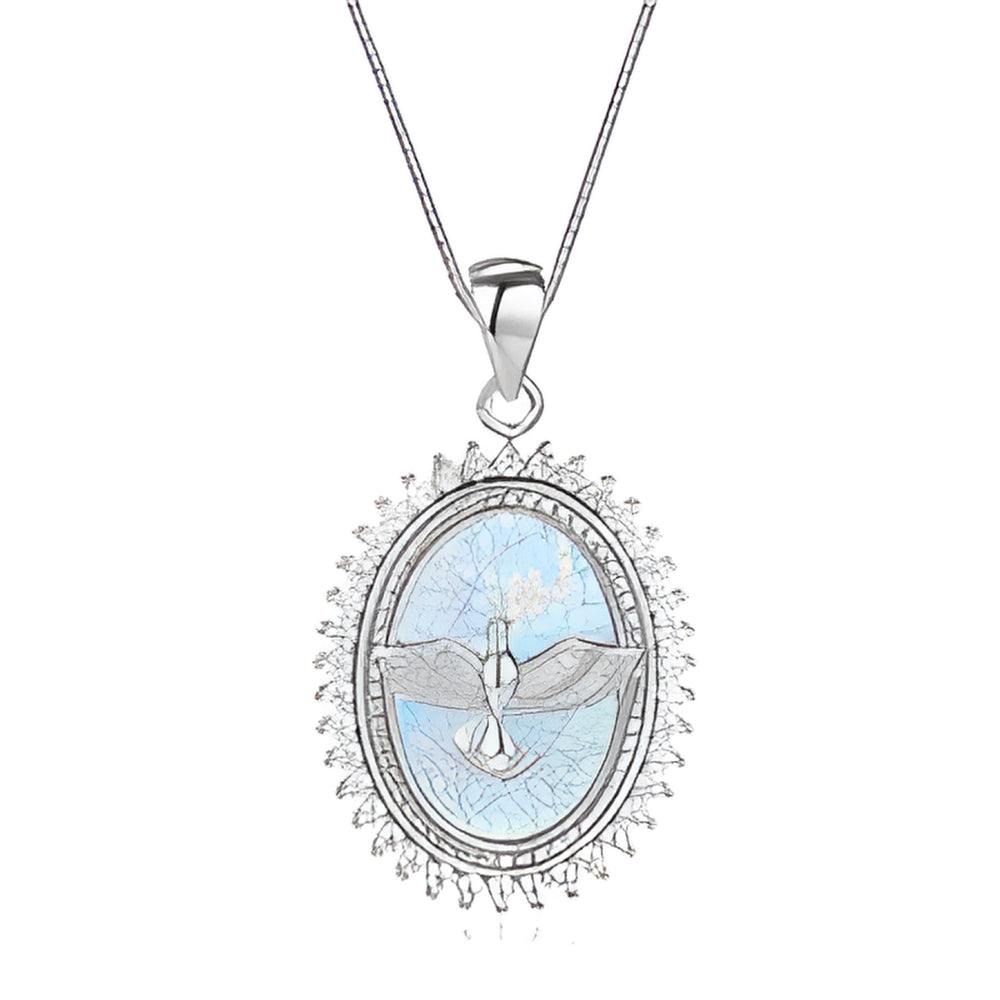 Silver-Tone White Simulated Opal Dove of Peace Halo Medallion Necklace