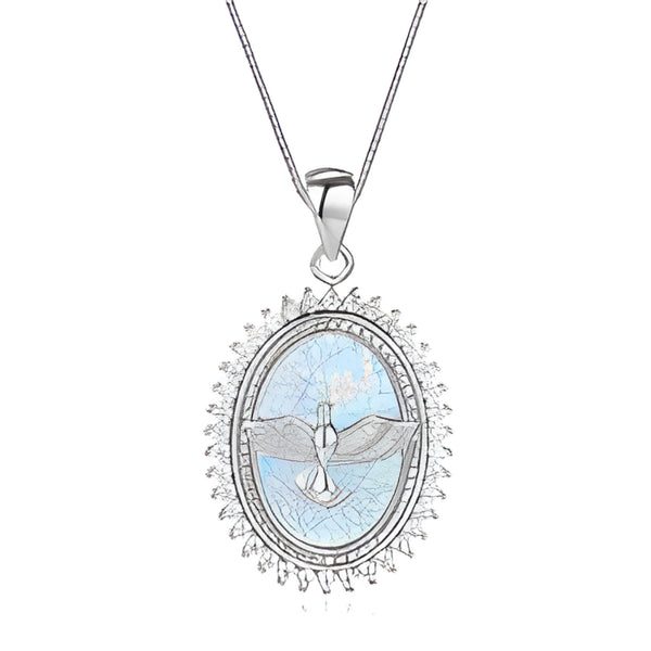 Silver-Tone White Simulated Opal Dove of Peace Halo Medallion Necklace