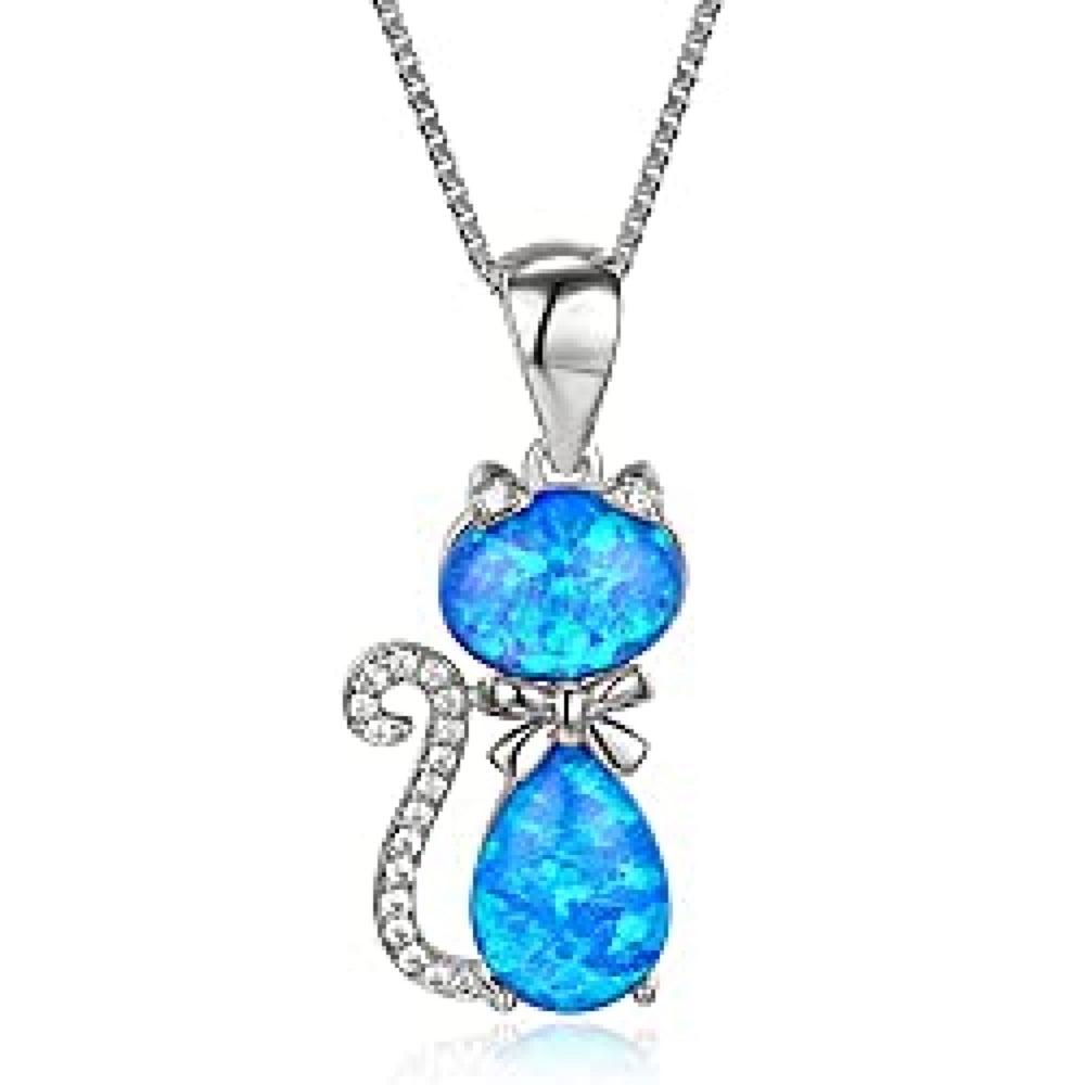 Silver-Tone Blue Simulated Opal Kitty Cat & Bow Pendant Necklace