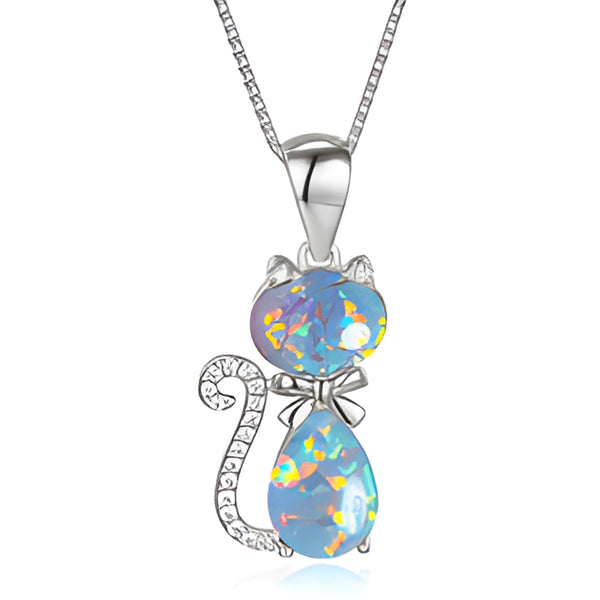 Silver-Tone White Simulated Opal Cat With Crystal Bow Pendant Necklace