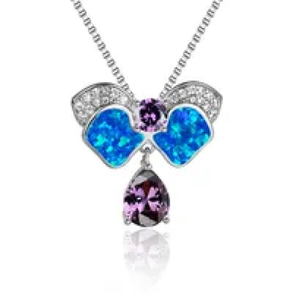 Silver-Tone Blue Pear-Cut Simulated Opal Bow Pendant Necklace