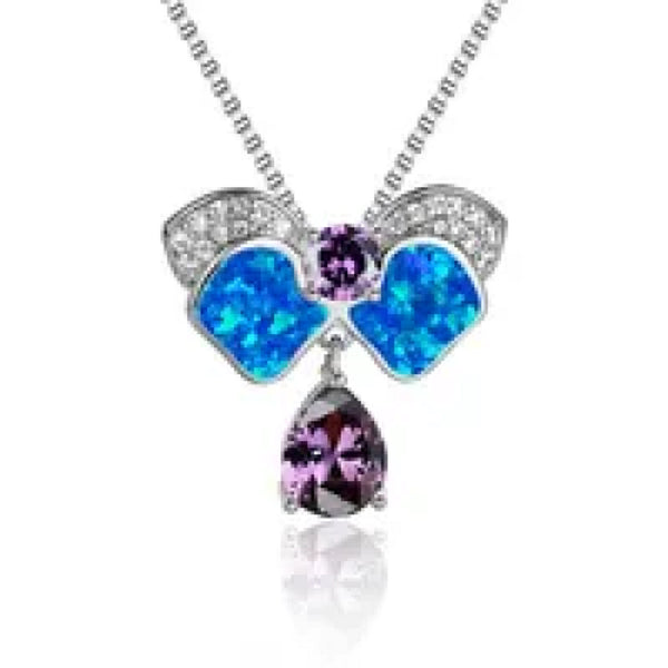 Silver-Tone Blue Pear-Cut Simulated Opal Bow Pendant Necklace