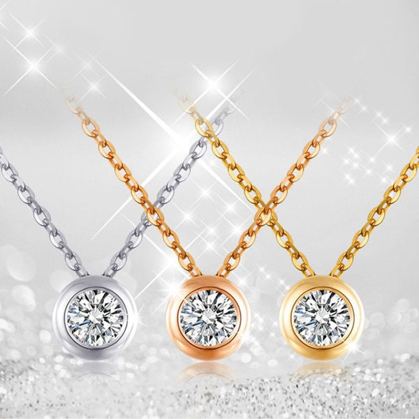 Gold-Tone Round White Crystal Bezel Solitaire Pendant Necklace