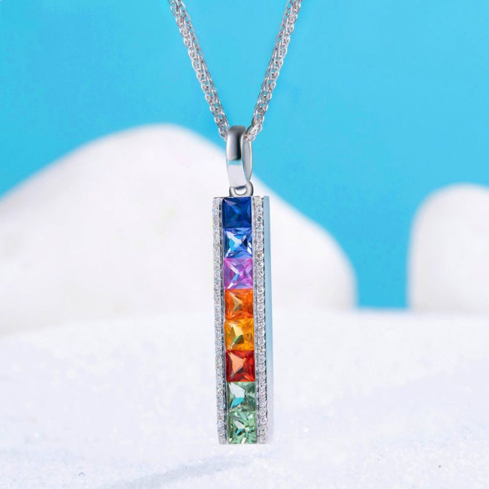 Silver-Tone Multicolor Crystal Vertical Bar Pendant Necklace