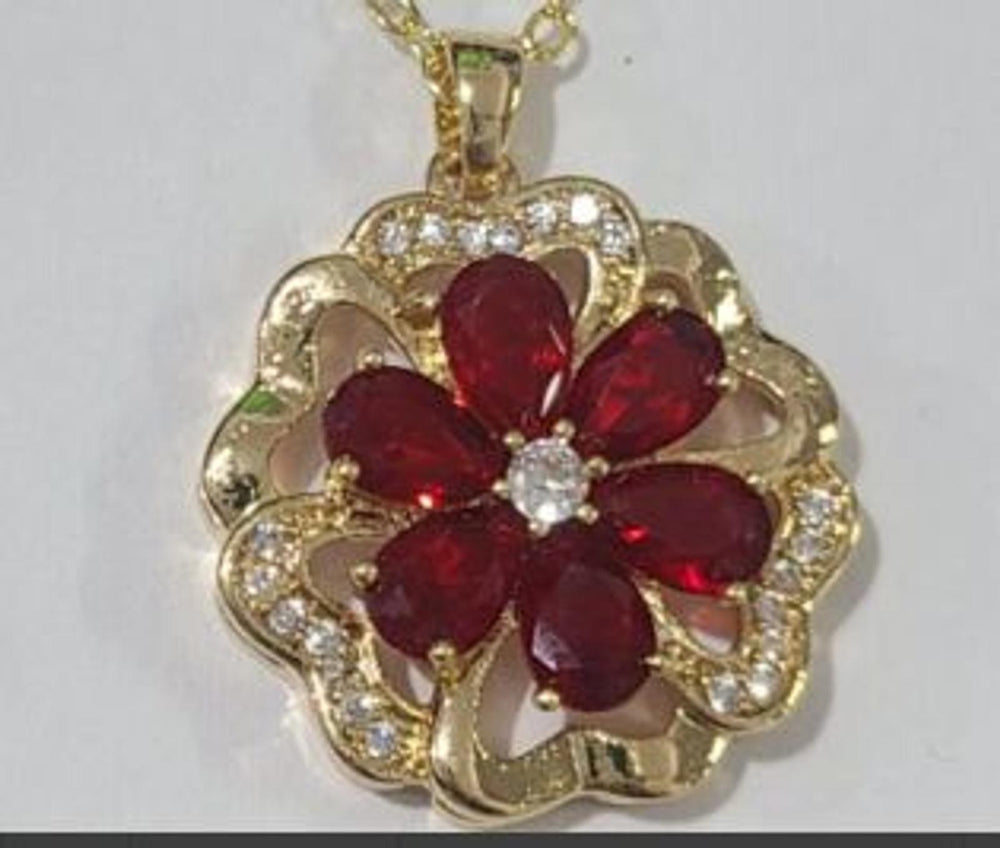 Gold-Tone Garnet Red Crystal Flower Pendant Necklace
