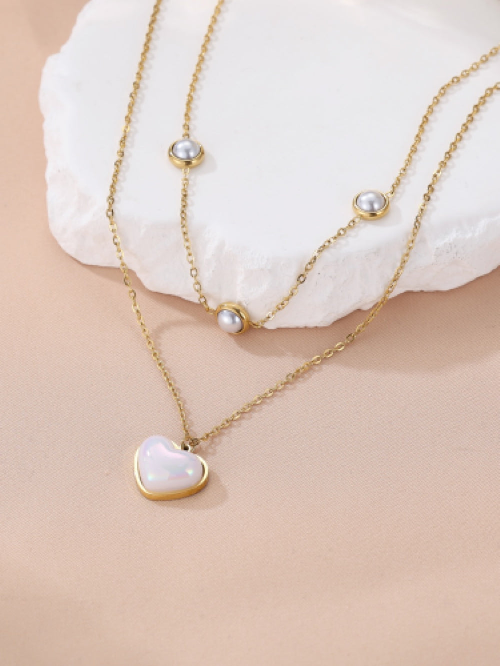 Gold-Tone Layered White Simulated Opal Heart Pendant Necklace