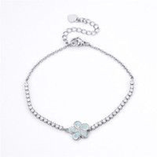Silver-Tone Crystal-Set White Simulated Opal Five-Petal Flower Bracelet
