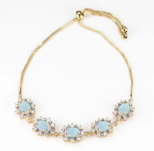 Gold-Tone White Simulated Opal Purple Crystal Flower Bolo Bracelet