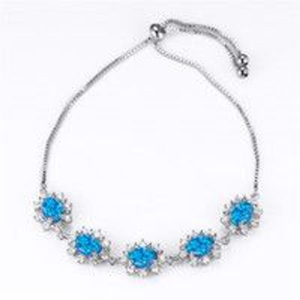 Silver-Tone Pave Blue Oval Simulated Opal Sunflower Bracelet