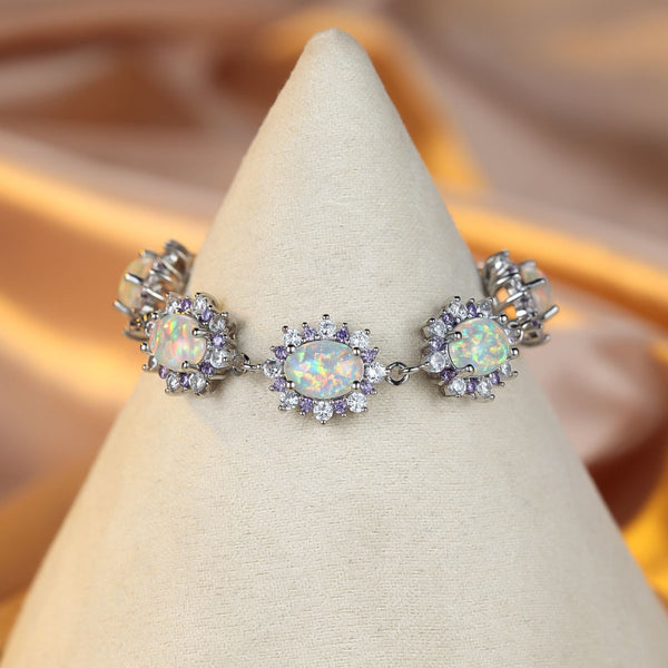 Silver-Tone White Simulated Opal Purple Crystal Flower Bracelet