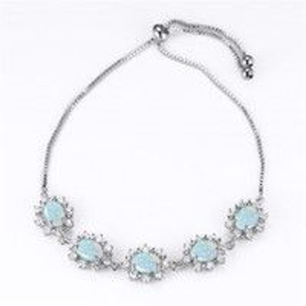 Silver-Tone Pave White Oval Simulated Opal Sunflower Bracelet