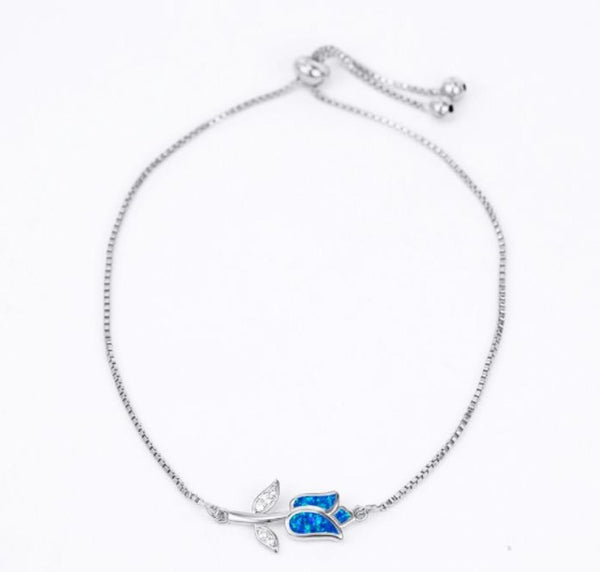 Silver-Tone Blue Simulated Opal Rose Bracelet