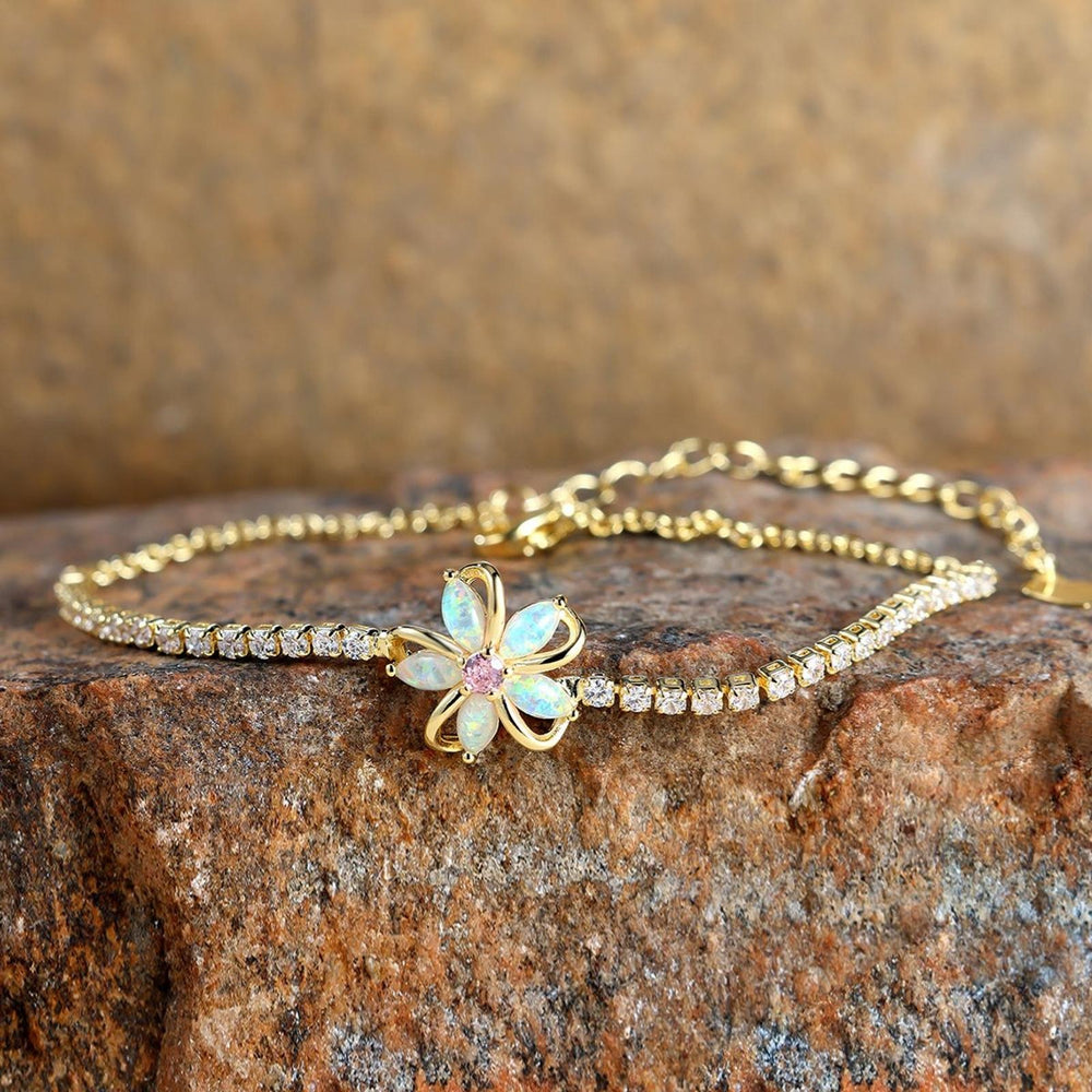 Gold-Tone White Simulated Opal Cherry Blossom Bracelet
