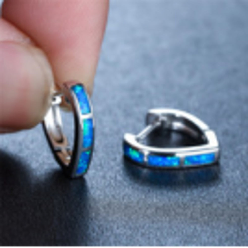 Silver-Tone Blue Heart Simulated Opal Huggie Earrings