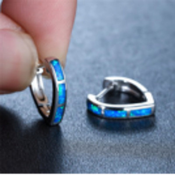 Silver-Tone Blue Heart Simulated Opal Huggie Earrings