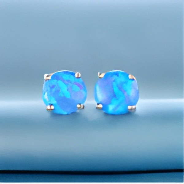 Silver-Tone Petite Round Blue Simulated Opal Four-Prong Stud Earrings