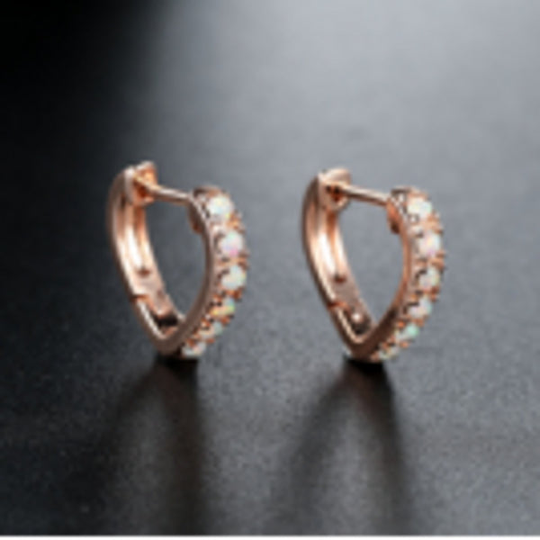 Rose Gold-Tone Six-Stone White Simulated Opal Heart Huggie Earrings