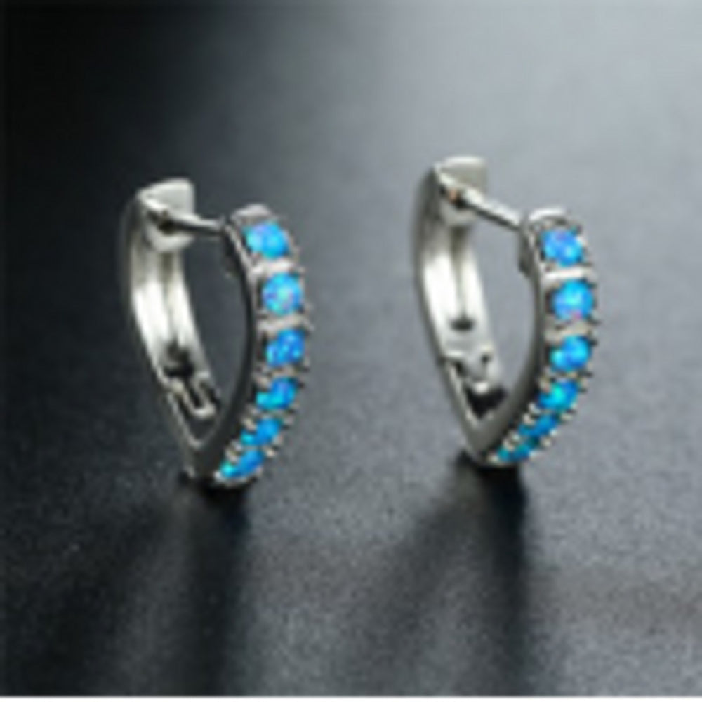 Silver-Tone Six-Stone Blue Simulated Opal Heart Huggie Earrings
