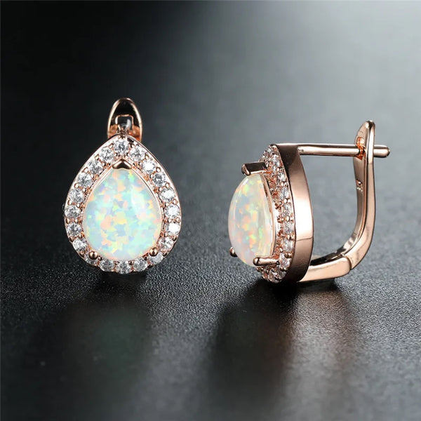 Champagne Gold-Tone White Simulated Opal Teardrop Crystal Halo Huggie Earrings